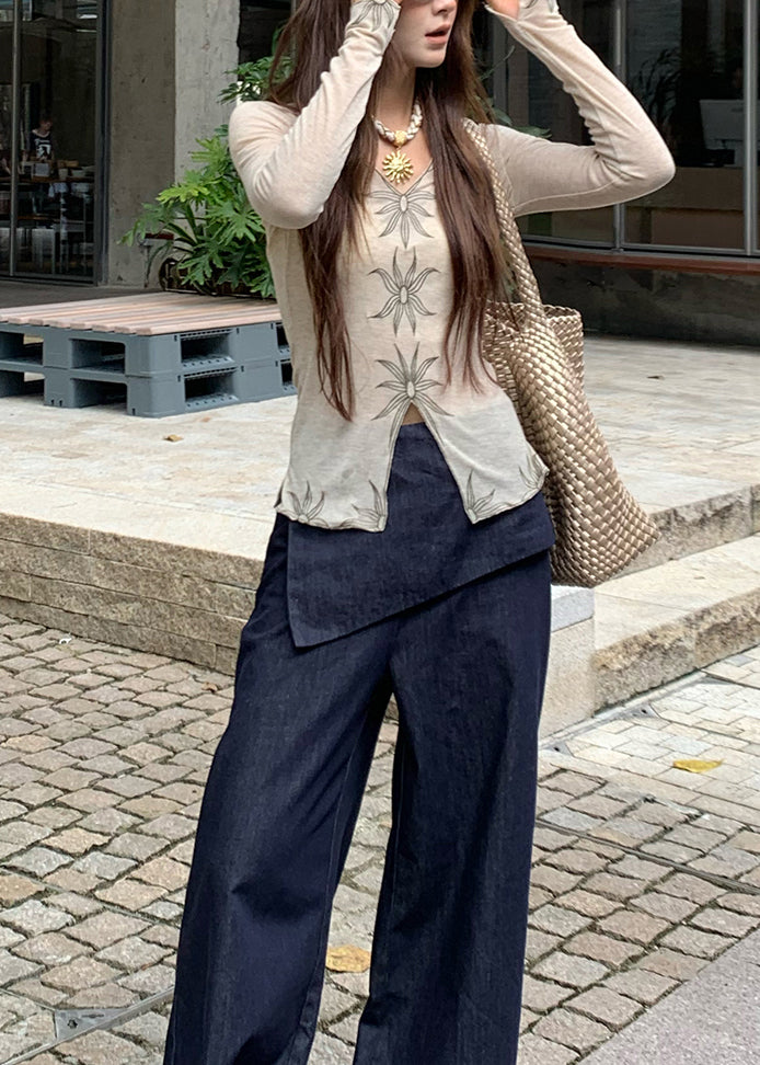 Fashion Beige V Neck Embroidered Cotton Top Fall