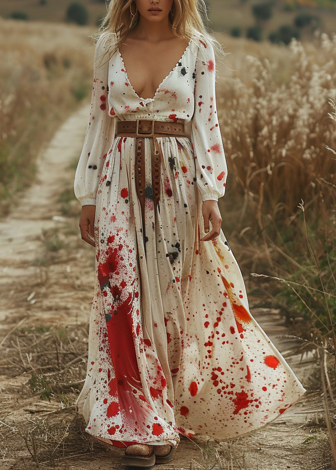 Fashion Beige V Neck Print Cotton Long Dress Spring