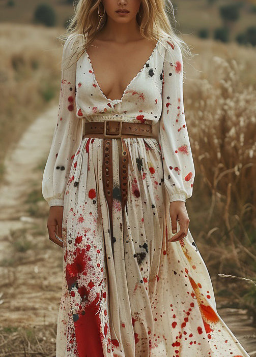 Fashion Beige V Neck Print Cotton Long Dress Spring