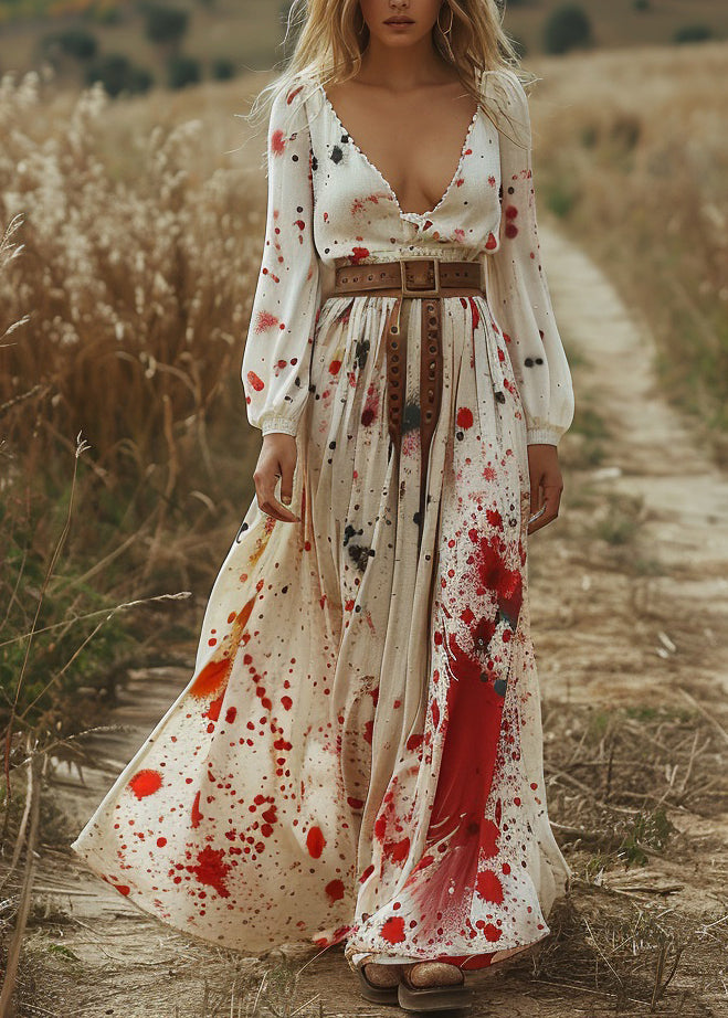 Fashion Beige V Neck Print Cotton Long Dress Spring