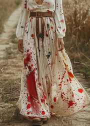 Fashion Beige V Neck Print Cotton Long Dress Spring
