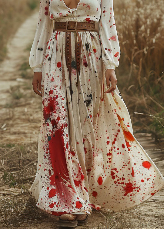 Fashion Beige V Neck Print Cotton Long Dress Spring