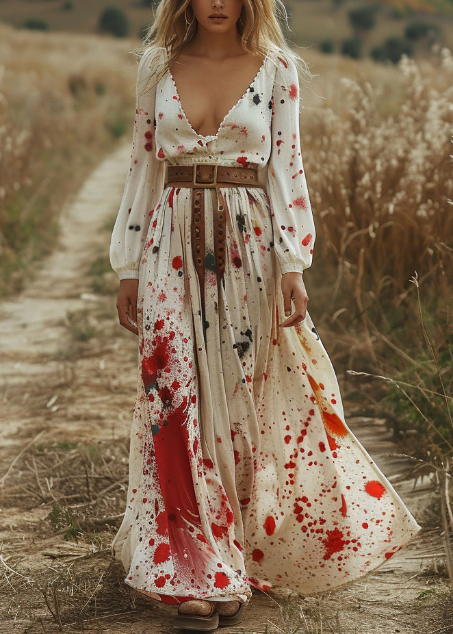 Fashion Beige V Neck Print Cotton Long Dress Spring