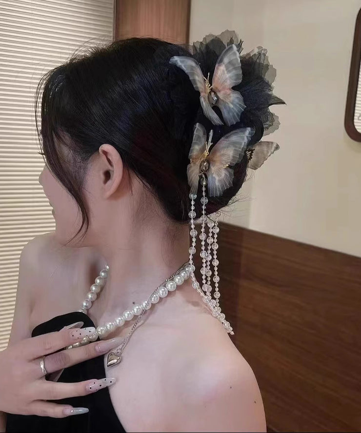 Fashion Black Acrylic Crystal Butterfly Tassel Hairpin