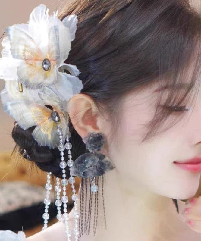 Fashion Black Acrylic Crystal Butterfly Tassel Hairpin