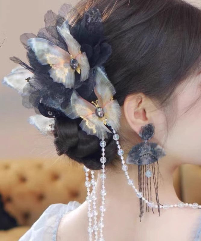 Fashion Black Acrylic Crystal Butterfly Tassel Hairpin