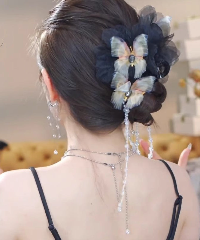 Fashion Black Acrylic Crystal Butterfly Tassel Hairpin