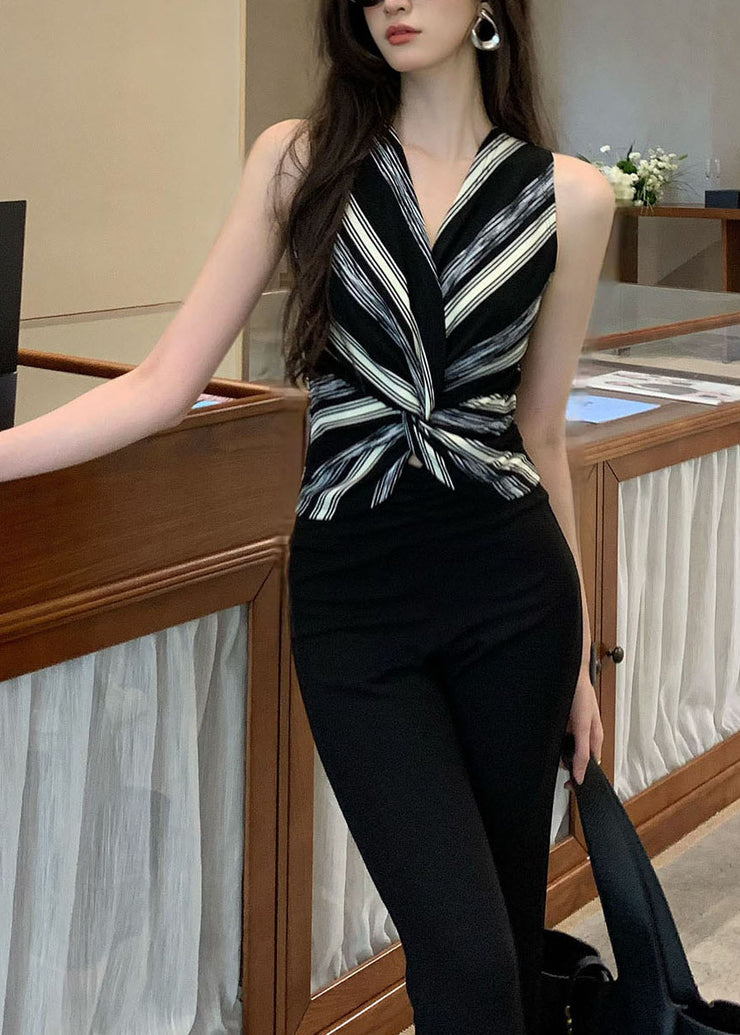 Fashion Black Asymmetrical Striped Cotton Halter Tops Summer