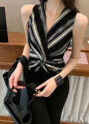 Fashion Black Asymmetrical Striped Cotton Halter Tops Summer