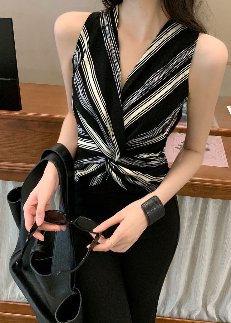 Fashion Black Asymmetrical Striped Cotton Halter Tops Summer