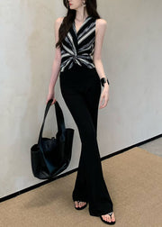 Fashion Black Asymmetrical Striped Cotton Halter Tops Summer