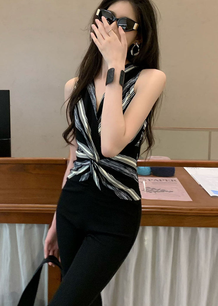 Fashion Black Asymmetrical Striped Cotton Halter Tops Summer