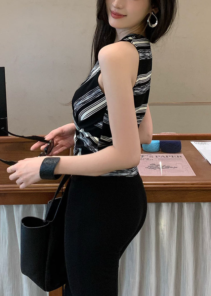 Fashion Black Asymmetrical Striped Cotton Halter Tops Summer