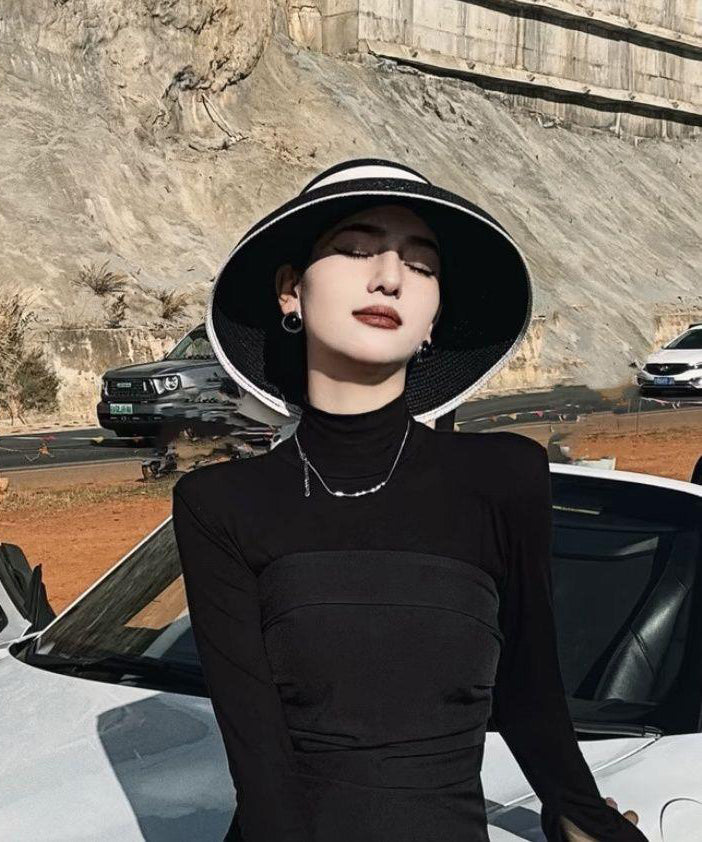 Fashion Black Bow Straw Woven Bucket Hat