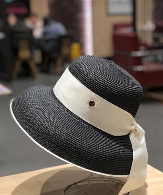 Fashion Black Bow Straw Woven Bucket Hat