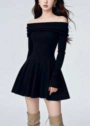 Fashion Black Cold Shoulder Knit A Line Mid Dresses Fall