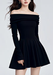 Fashion Black Cold Shoulder Knit A Line Mid Dresses Fall