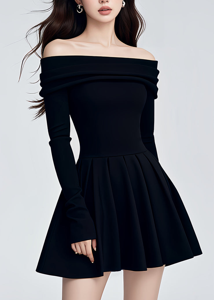 Fashion Black Cold Shoulder Knit A Line Mid Dresses Fall