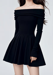 Fashion Black Cold Shoulder Knit A Line Mid Dresses Fall