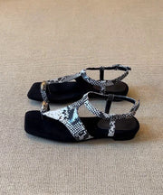 Fashion Black Faux Leather Flip Flops Flat Sandals Splicing