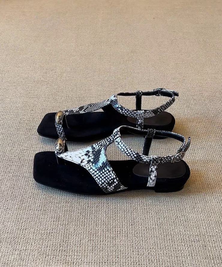 Fashion Black Faux Leather Flip Flops Flat Sandals Splicing