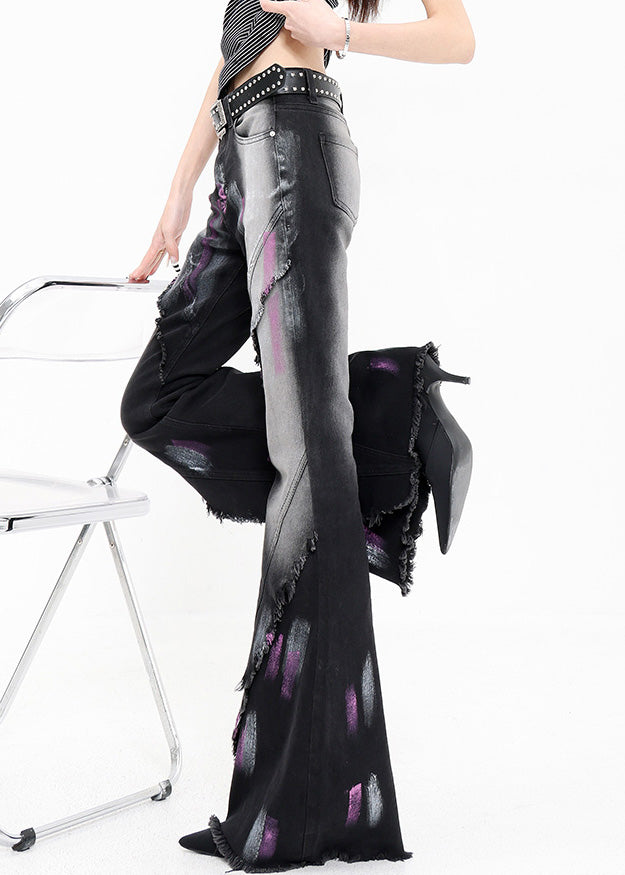Fashion Black Graffiti Ruffled Patchwork Denim Flared Trousers Fall