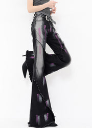 Fashion Black Graffiti Ruffled Patchwork Denim Flared Trousers Fall