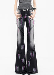 Fashion Black Graffiti Ruffled Patchwork Denim Flared Trousers Fall