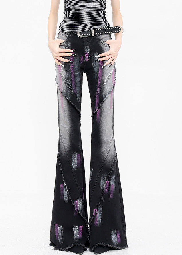Fashion Black Graffiti Ruffled Patchwork Denim Flared Trousers Fall