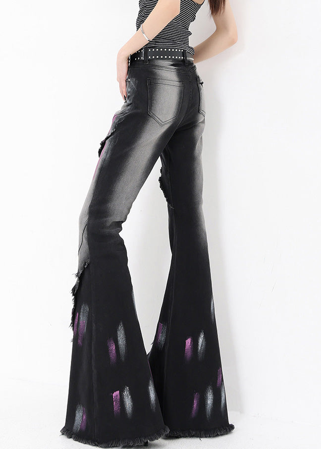 Fashion Black Graffiti Ruffled Patchwork Denim Flared Trousers Fall