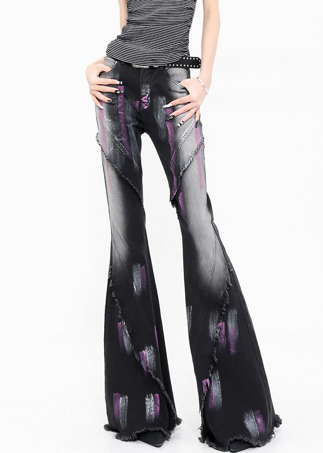 Fashion Black Graffiti Ruffled Patchwork Denim Flared Trousers Fall