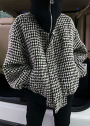 Fashion Black High Neck Zip Up Plaid Woolen Jacket Winter