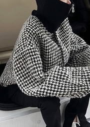 Fashion Black High Neck Zip Up Plaid Woolen Jacket Winter