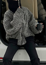 Fashion Black High Neck Zip Up Plaid Woolen Jacket Winter