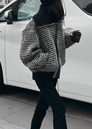 Fashion Black High Neck Zip Up Plaid Woolen Jacket Winter