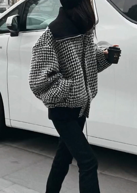 Fashion Black High Neck Zip Up Plaid Woolen Jacket Winter