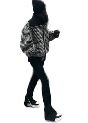 Fashion Black High Neck Zip Up Plaid Woolen Jacket Winter