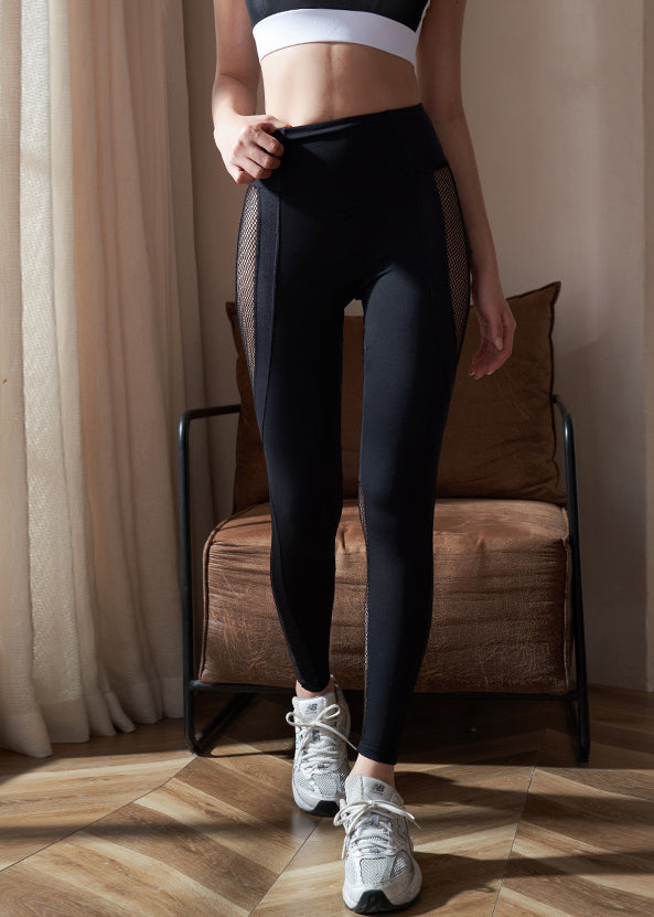 Fashion Black High Waist Hollow Out Patchwork Capri Athletic Leggings