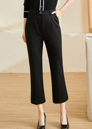 Fashion Black High Waist Pockets Ice Silk Solid Crop Flared Trousers