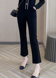 Fashion Black High Waist Pockets Ice Silk Solid Crop Flared Trousers