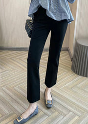 Fashion Black High Waist Pockets Ice Silk Solid Crop Flared Trousers