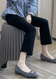 Fashion Black High Waist Pockets Ice Silk Solid Crop Flared Trousers