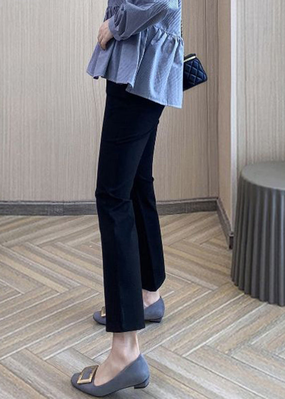 Fashion Black High Waist Pockets Ice Silk Solid Crop Flared Trousers