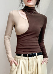 Fashion Black Hign Neck Hollow Out Patchwork Cotton T Shirt Fall