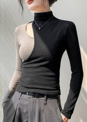 Fashion Black Hign Neck Hollow Out Patchwork Cotton T Shirt Fall