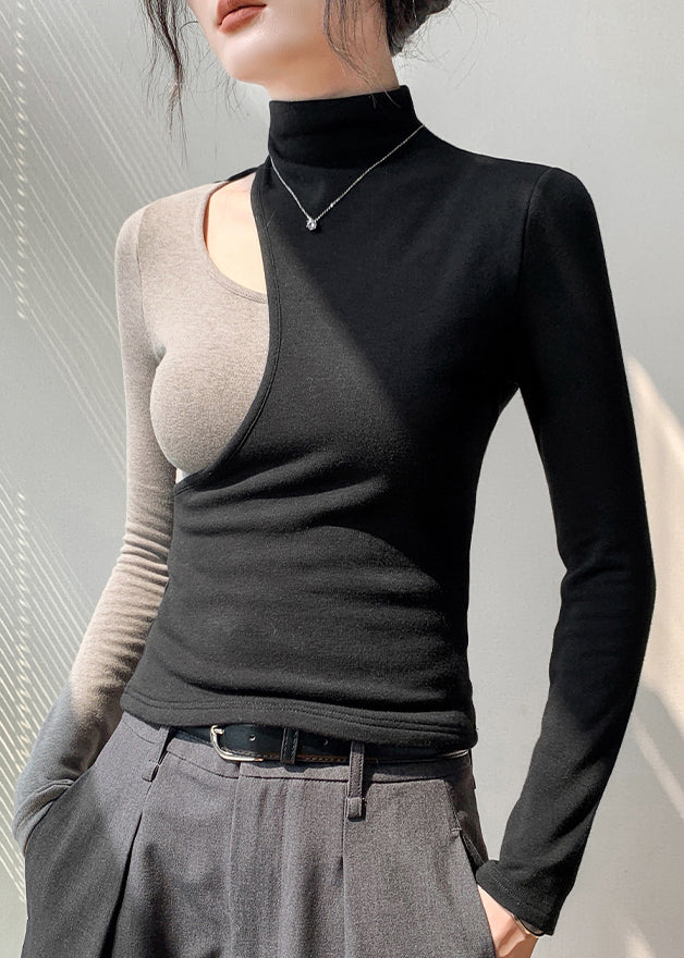 Fashion Black Hign Neck Hollow Out Patchwork Cotton T Shirt Fall