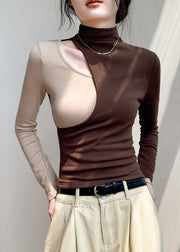 Fashion Black Hign Neck Hollow Out Patchwork Cotton T Shirt Fall