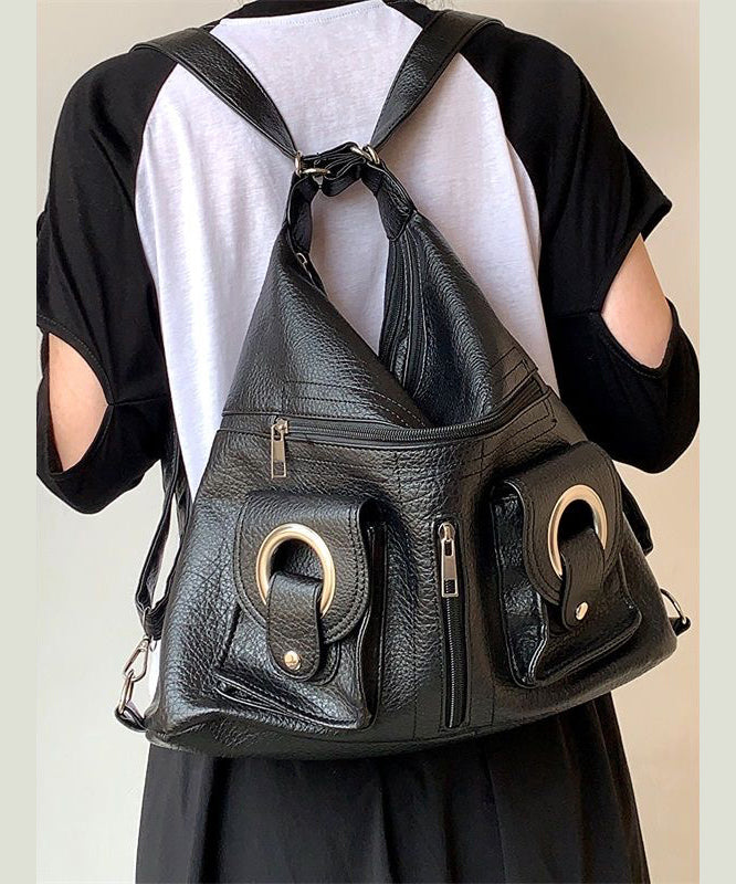 Fashion Black Large Capacity With Pockets Faux Leather Backpack Bag