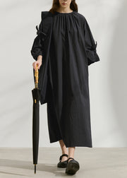 Fashion Black O Neck Bow Loose Cotton Dress Summer