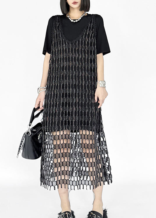 Fashion Black O Neck Cotton Two Piece Set Outfits Summer